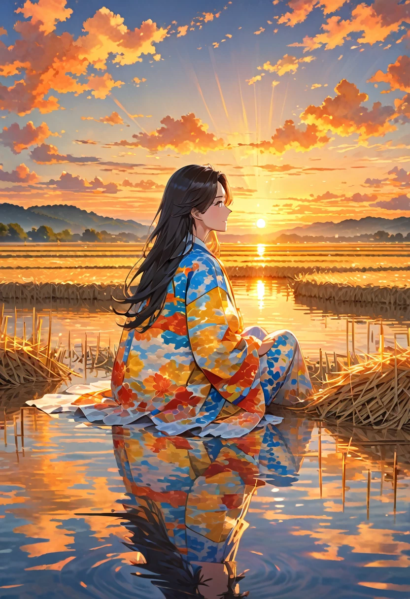This image contains、It shows a long-haired person sitting on dry hay or straw.。, Watching the colorful sunset reflected on the water. The sky is full of clouds, The sun is setting on the horizon, warm, Golden Light. The person appears to be wearing patterned clothing., Translucent clothing, And with his back to the viewer, Enjoying the tranquil scenery.