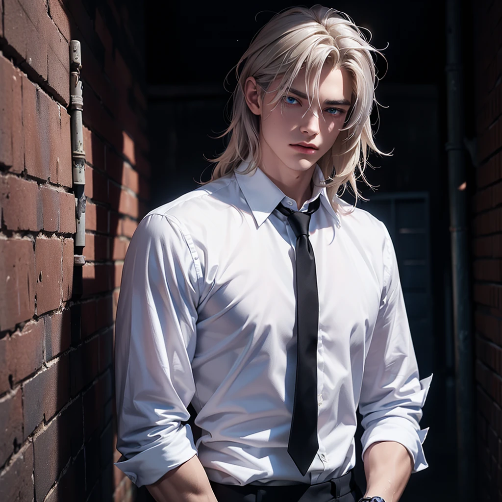 -Create 1 boy -He wears a formal white shirt -Formal black pants -He has tattoos on his arms -He wears a watch on his left hand -He has medium-long hair, that fall disheveled waves -Has broad shoulders -Has a slim body -Has a muscular body -Silver blonde hair -His skin tone is pale -Bright blue eyes -Smoke coming out of his mouth -His personality should convey sadness and loneliness -Penetrating gaze -Attractive face -Marked and thin jaw -With a background of a dark abandoned alley