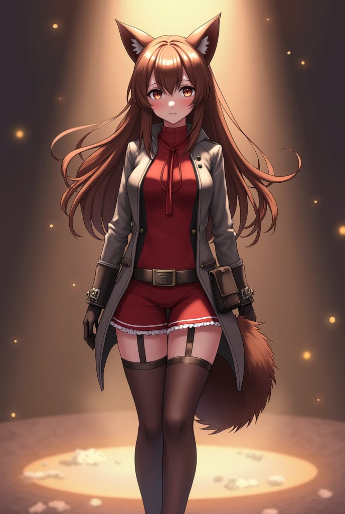 a raph, raccoon ears, raccoon girl, animal ears, long hair, brown hair, raccoon tail, tail, gloves, brown gloves, belt, thigh boots, thighhighs, zettai ryouiki, red ribbon, masterpiece, best quality, solo, cinematic lighting, looking at viewer, full body