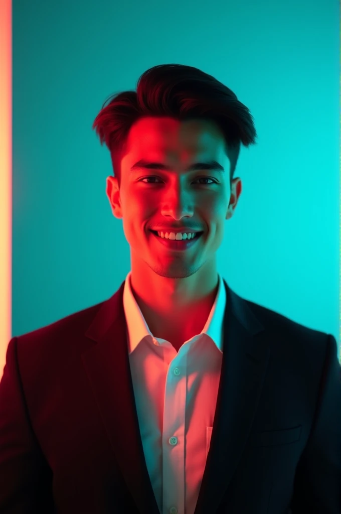 A young man with dark hair and a confident smte.
He is dressed in a black blazer over a white shir66
The man is positioned against aqua colour backdrop with a subtle red lighting on the left side. and he posing for Linkedin profile