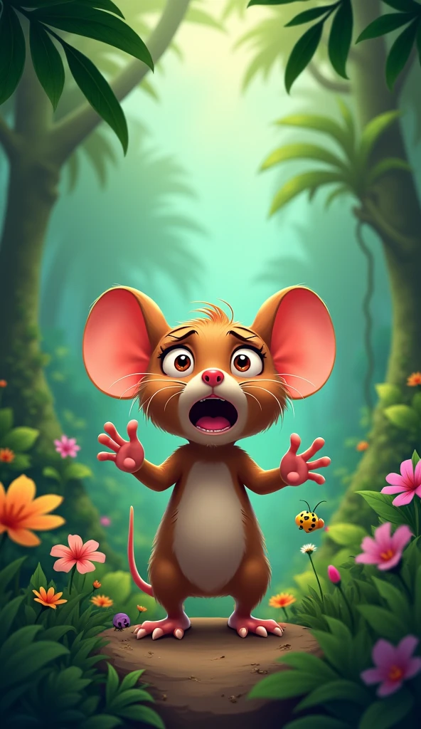 The frightened mouse pleading.
The background is jungle.
Show as cartoons 