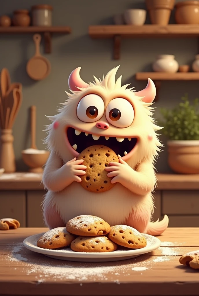 Monster eats cookies cute cute cartoons for rustic baking without horns 

