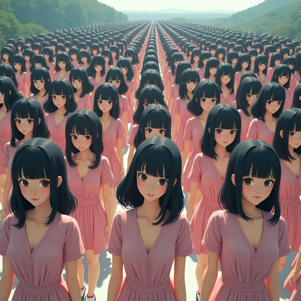 (((((Japanese Clone girls=Myself)))))), (((Best Super High quality Myself Clone girls Raw Photography Art))), (16K, Highest quality, Ultra-high resolution, RAW Photos), (((It's so unrealistic., With unparalleled depiction, With an unfathomable sight, An unprecedented and shocking worldview, Clone girls in a world of mass reproduction, Ultra-realistic))), (((Japanese, woman, 20yo, Saito-Asuka))), (Small face, ((Thick black hair, Semi-long hair))), ((V-neck short-sleeve dress)), (((((Very detailed美しい女体, Accurate body structure, Very detailed完璧な, Super busty body with very large breasts, Clearly emphasizes cleavage))))), (((Dark Eyes, Mature face, Cute Smile, A gentle gaze))), (((Her happy and smiling expression is so cute))), ((((((((Very detailed分身増殖描写, ((1girl→Myself cloning→1,000,000,000,000,000,000,000,000,000,000,000,000,000,000,000,000,000,000,000,000Myself Clone girls)))))))))), ((((((((Very detailed, The precise depiction of the proliferation of Myself Clone girls, ((With the perfectly identical bodies of Myself clone girls, With the exact same face as the Myself clone girls, With the exact same hairstyle as the Myself clone girls, In the exact same clothes as the girls who are my clones, Perfectly the same height as the Myself clone girls, Super big breasts, just like the Myself clone girls)))))))))), (((Myself clone girls only))), (((Multiple pairs, Very detailed depiction, (Myself clone girls hug each other, Myself clone girls assemble, Fun conversations with fellow Myself clone girls, A fun conversation between Myself clone girls, Myself clone girls holding hands, Walking with lots of Myself clone girls, turn around, look at me, The approaching crowd of Myself)))), (((Everyone looks at the camera))), (((Unbelievably crowded, Transcendent Myself clone girls intimately, Countless Myself clone girls surround you in 360 degrees))), (Bright, soft sunlight), (((Very wide field of view, Very detailed, Detailed ultra-perspective depiction with clear depth, super wide view))), (((((Scenery with a steeply curving slope))))), (((Very photographic and detailed depiction, Myself clone girls will multiply infinitely and fill the surroundings from one side to the horizon with their bodies tightly packed together without any gaps., A scene of endless Myself clone girls, giving a happy vibe.))), (Focus on the average value of the image)