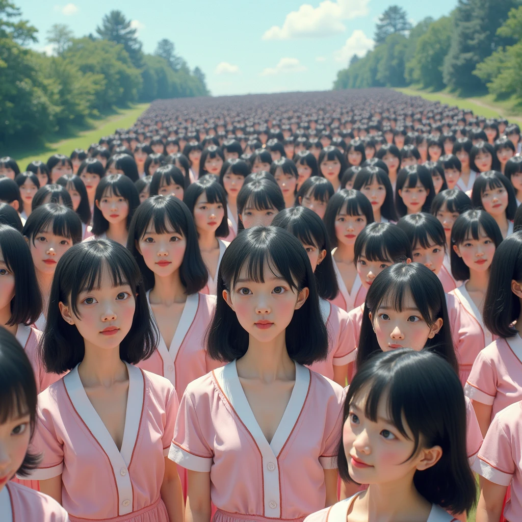 (((((Japanese Clone girls=Myself)))))), (((Best Super High quality Myself Clone girls Raw Photography Art))), (16K, Highest quality, Ultra-high resolution, RAW Photos), (((It's so unrealistic., With unparalleled depiction, With an unfathomable sight, An unprecedented and shocking worldview, Clone girls in a world of mass reproduction, Ultra-realistic))), (((Japanese, woman, 20yo, Saito-Asuka))), (Small face, ((Thick black hair, Semi-long hair))), ((V-neck short-sleeve dress)), (((((Very detailed美しい女体, Accurate body structure, Very detailed完璧な, Super busty body with very large breasts, Clearly emphasizes cleavage))))), (((Dark Eyes, Mature face, Cute Smile, A gentle gaze))), (((Her happy and smiling expression is so cute))), ((((((((Very detailed分身増殖描写, ((1girl→Myself cloning→1,000,000,000,000,000,000,000,000,000,000,000,000,000,000,000,000,000,000,000,000Myself Clone girls)))))))))), ((((((((Very detailed, The precise depiction of the proliferation of Myself Clone girls, ((With the perfectly identical bodies of Myself clone girls, With the exact same face as the Myself clone girls, With the exact same hairstyle as the Myself clone girls, In the exact same clothes as the girls who are my clones, Perfectly the same height as the Myself clone girls, Super big breasts, just like the Myself clone girls)))))))))), (((Myself clone girls only))), (((Multiple pairs, Very detailed depiction, (Myself clone girls hug each other, Myself clone girls assemble, Fun conversations with fellow Myself clone girls, A fun conversation between Myself clone girls, Myself clone girls holding hands, Walking with lots of Myself clone girls, turn around, look at me, The approaching crowd of Myself)))), (((Everyone looks at the camera))), (((Unbelievably crowded, Transcendent Myself clone girls intimately, Countless Myself clone girls surround you in 360 degrees))), (Bright, soft sunlight), (((Very wide field of view, Very detailed, Detailed ultra-perspective depiction with clear depth, super wide view))), (((((Scenery with a steeply curving slope))))), (((Very photographic and detailed depiction, Myself clone girls will multiply infinitely and fill the surroundings from one side to the horizon with their bodies tightly packed together without any gaps., A scene of endless Myself clone girls, giving a happy vibe.))), (Focus on the average value of the image)