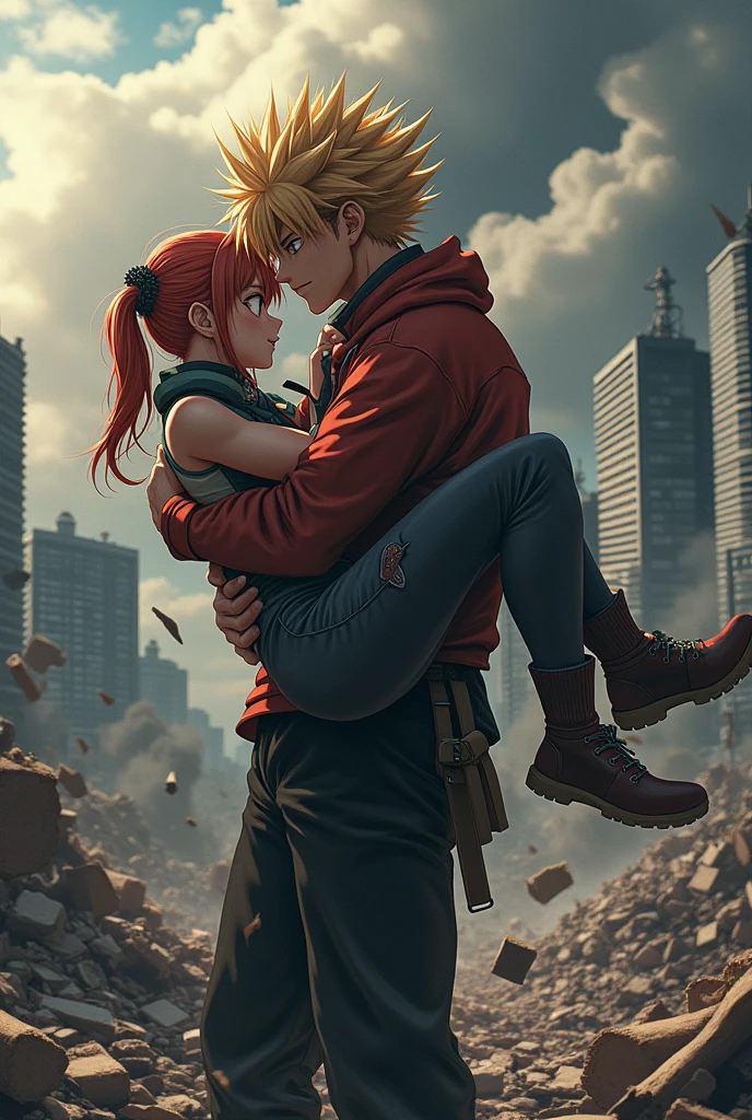 Uraraka in Bakugou arms in a demolish tokyo city