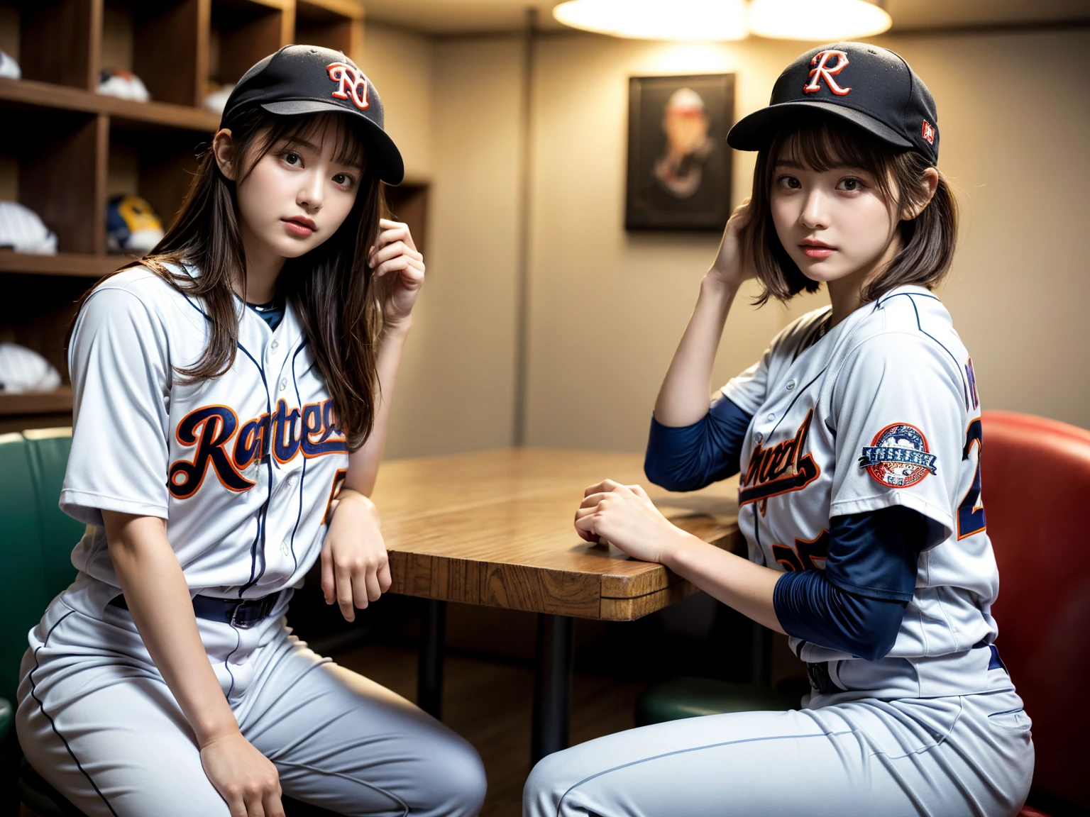 masterpiece, best quality, illustration, Super detailed, fine details, High resolution, 8K,wall paper, perfect dynamic composition,(Details High quality, realistic depiction of eyes:1.3), (2 girls), ((baseball player:1.2)),baseball hat, sitting, open legs, short bob hair, in a hotel room in the background, deep on field, (large breasts), black hair color, Big Natural Color Lip, (perfect body shape), crying a little、Harajuku style、20 year old girl、cute type、beautiful legs, Gravure Idol