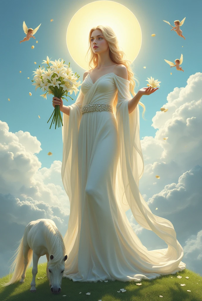 A majestic goddess of pure virginity, standing tall atop a lush, ethereal cloud, surrounded by a soft, golden halo that emanates warmth and purity. She is draped in a flowing, diaphanous gown of the whitest silk, which billows gently in an unseen celestial breeze, revealing hints of her flawless, sculpted form beneath. Her skin is the embodiment of alabaster, untouched by the hands of time or desire, and her eyes are pools of crystalline blue, brimming with innocence and wisdom. In her right hand, she holds a bouquet of snow-white lilies, their petals unblemished, symbolizing her chastity and virtue. Her left hand is outstretched, offering a single lily to the heavens, a silent testament to her dedication to purity. Around her wrist, a delicate band of silver encrusted with gleaming diamonds acts as a chastity belt, a physical manifestation of her spiritual commitment. Above her, a band of cherubs hover playfully, casting showers of rose petals, while a pure-white unicorn grazes peacefully on a bed of emerald grass. The backdrop is a serene landscape of cloud-kissed mountains and a pristine blue sky, unmarred by any signs of mortal existence. The scene exudes an aura of sanctity and tranquility, inviting the viewer to bask in the timeless beauty of unblemished innocence.