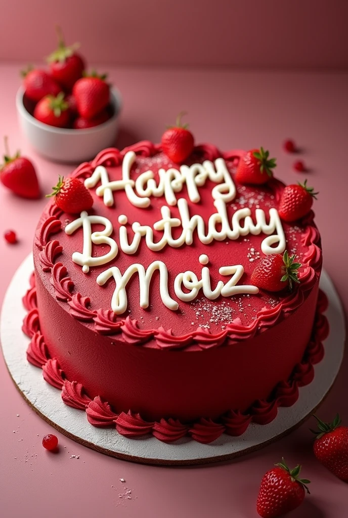 A real red velvet cake on which happy birthday moiz is written . It is look like real not like ai look
