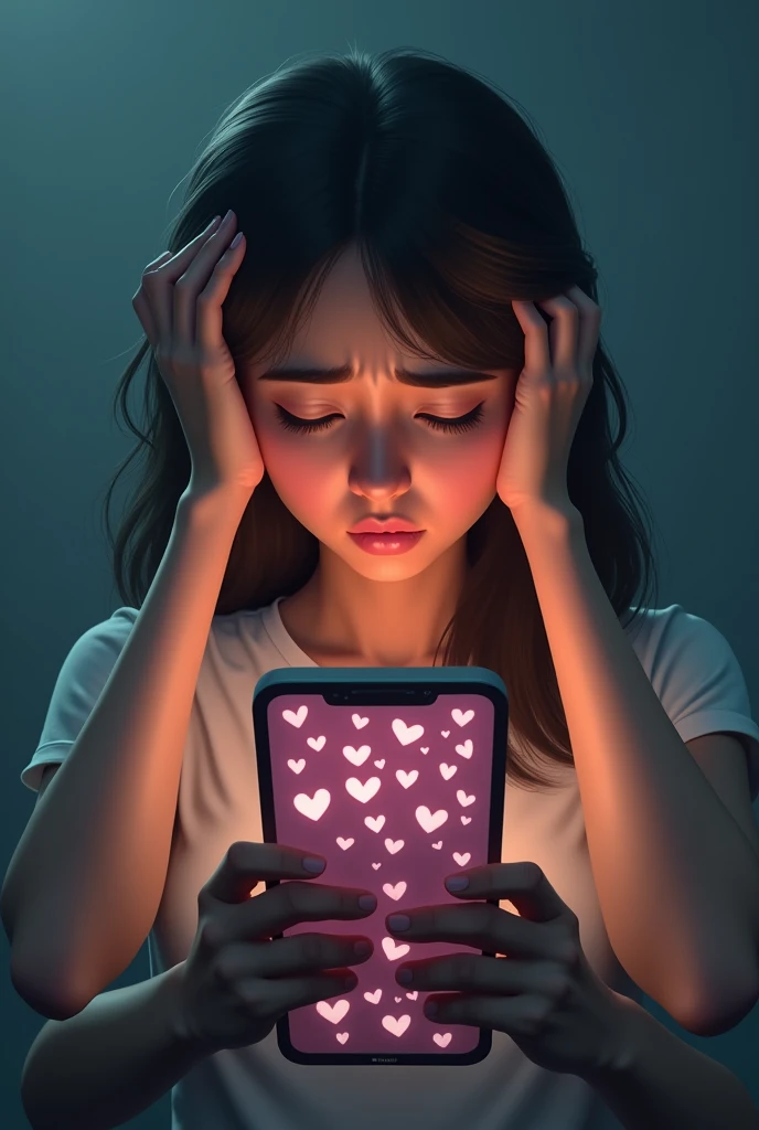 Create an image that shows a woman overwhelmed by so many love messages that arrive on her cell phone and she doesn't want to receive them.