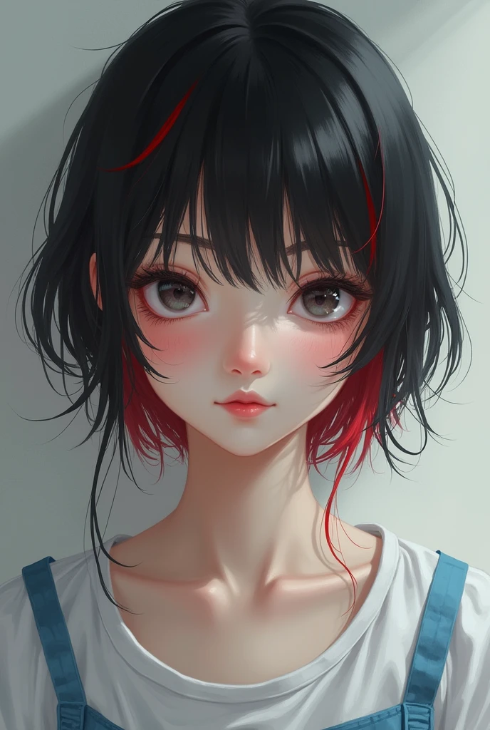a girl with blue panties, White skin, black hair and red roots
