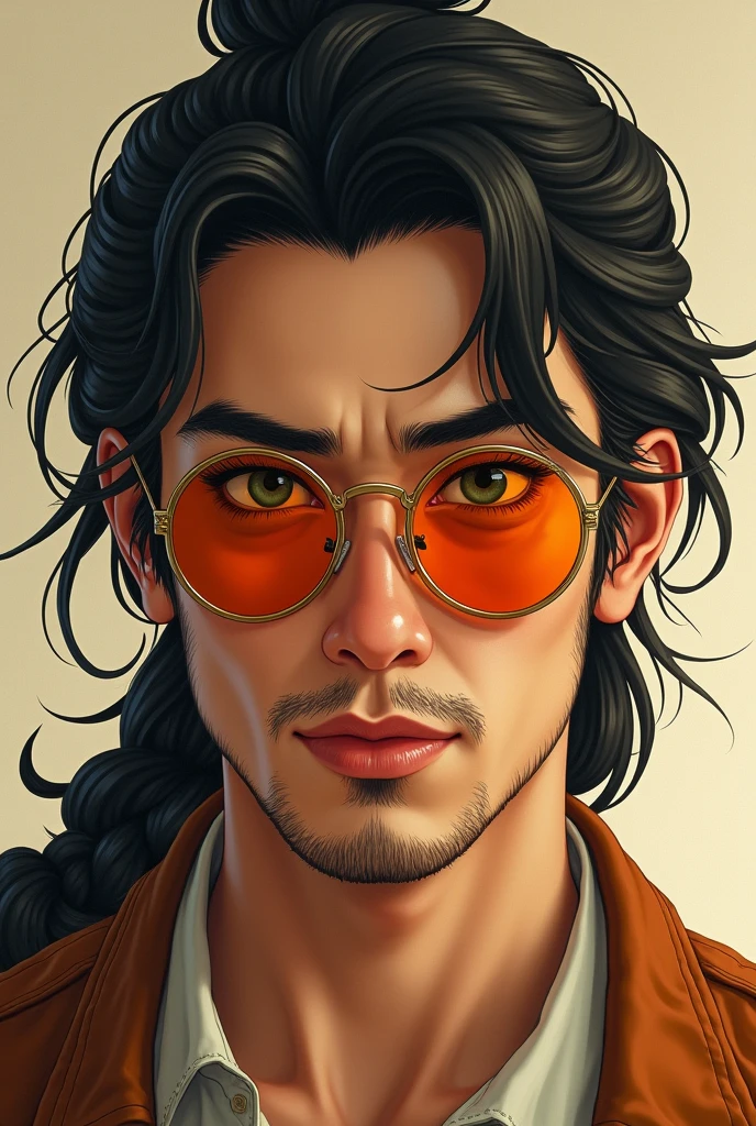 (photorealism:1.2), Japanese young man, clean shaved face, has mullet shaggy hair tied in French braid, half lidded green eyes, wearing orange sunglasses, has aquiline nose, has attractive jawline, facing camera, rugged bulky feature, relaxed pose, realistic, intricate details, warm colors, by Greg Rutkowski, by Alphonse Mucha