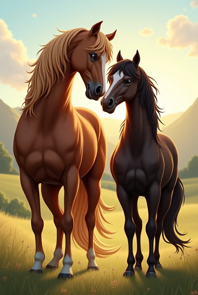 Create a horse and a mare with their heads touching