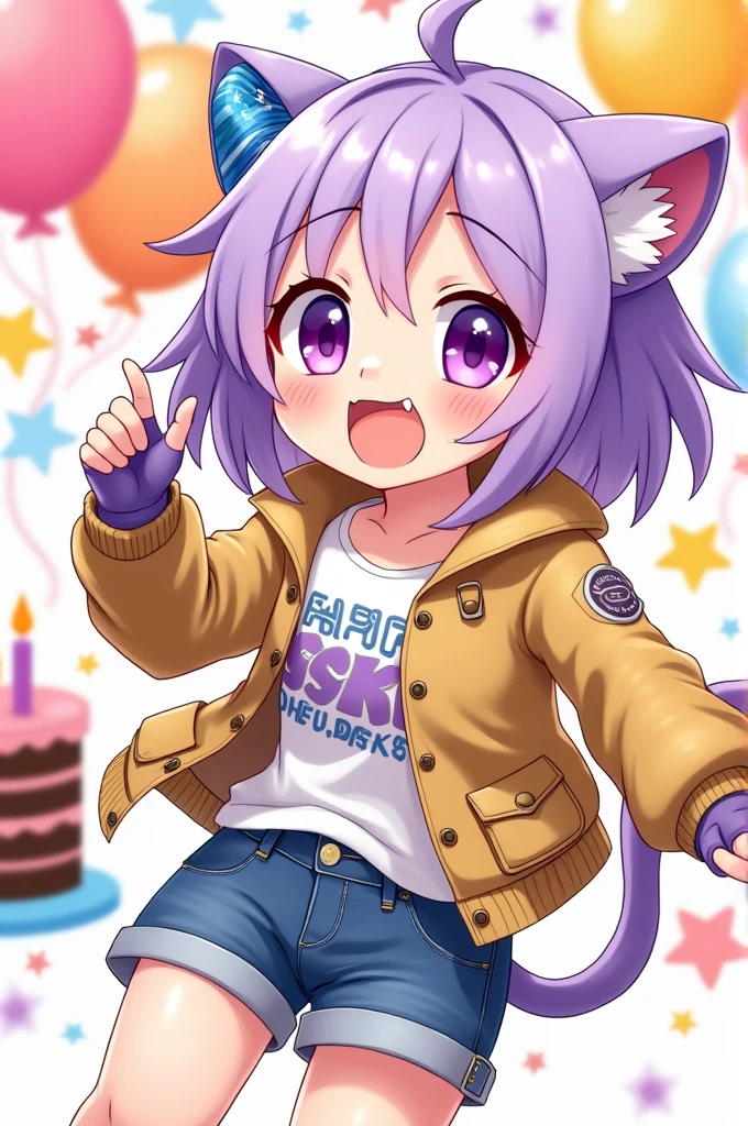 (masterpiece), best quality, expressive eyes, perfect face, aviator jacket, golden jacket, short hairstyle, lavender hair, teenager, medium chest, purple eyes, ahoge, open mouth, fang, fingerless gloves, 1girl, lavender monkey tail, blue jean shorts, black pants, eye closed, solo, icon, chibi, excited, headphones, gremlin, birthday, balloons, birthday cake