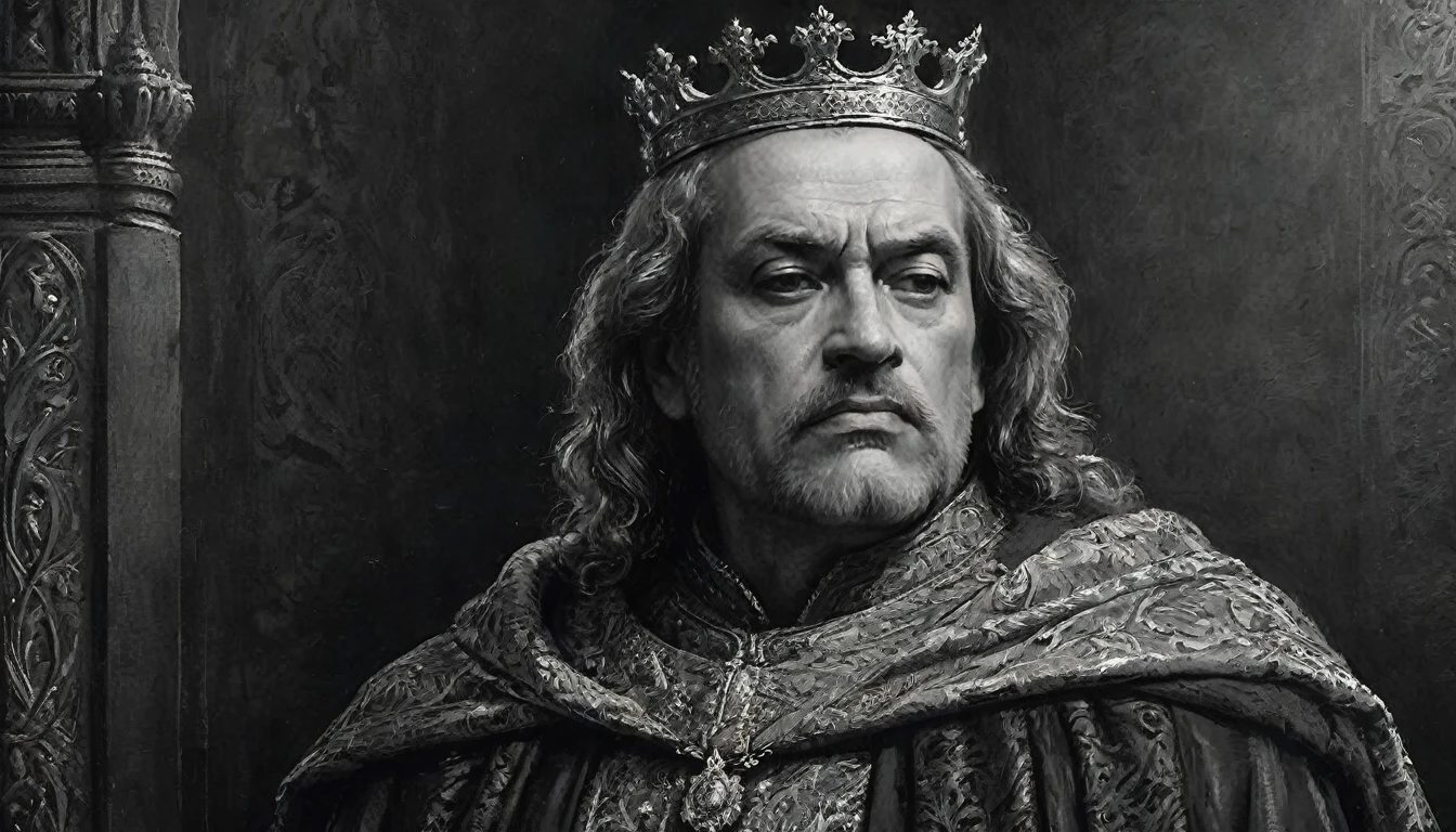 A close-up of a medieval king in the style of Gustave Doré. The king is depicted with a somber and powerful expression, his face etched with deep lines that suggest wisdom and experience. He wears a crown with detailed engravings, and his robe is richly textured with intricate patterns. The image is monochromatic, with strong contrasts of light and shadow, emphasizing the king's intense gaze and the dramatic folds of his clothing. The background is dark and moody, adding to the overall sense of gravitas and authority that Doré's style conveys., Surrealism, Hyperrealism, UHD, masterpiece, accurate, anatomically correct, award winning, 16k