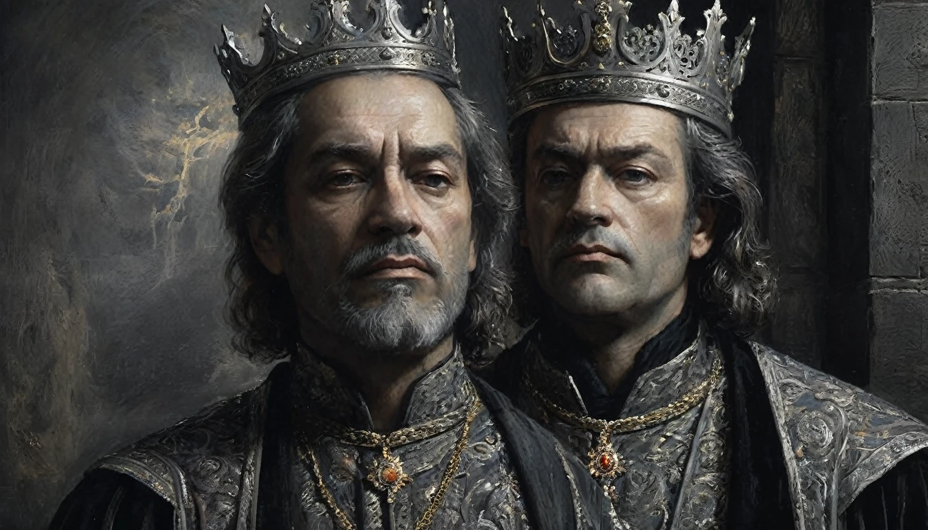 A close-up of a medieval king in the style of Gustave Doré. The king is depicted with a somber and powerful expression, his face etched with deep lines that suggest wisdom and experience. He wears a crown with detailed engravings, and his robe is richly textured with intricate patterns. The image is monochromatic, with strong contrasts of light and shadow, emphasizing the king's intense gaze and the dramatic folds of his clothing. The background is dark and moody, adding to the overall sense of gravitas and authority that Doré's style conveys., Surrealism, Hyperrealism, UHD, masterpiece, accurate, anatomically correct, award winning, 16k