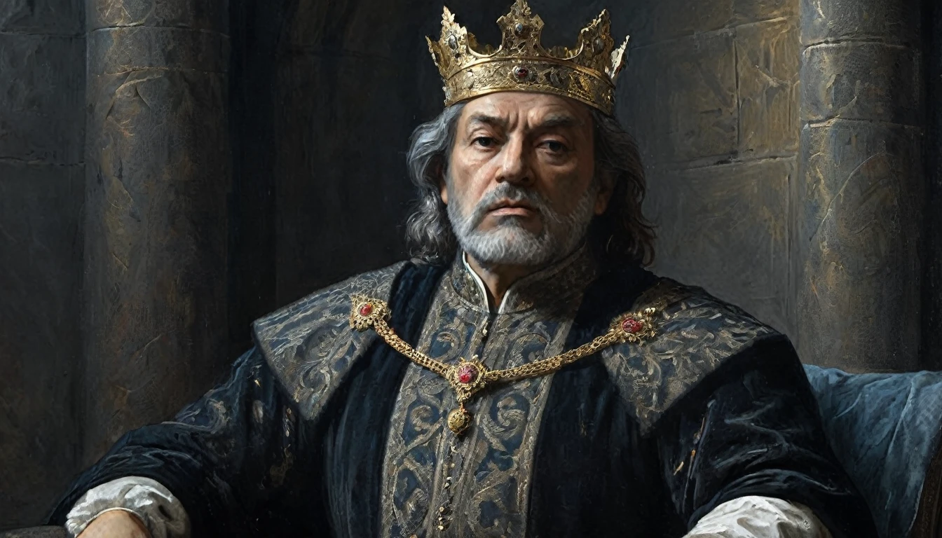 A close-up of a medieval king in the style of Gustave Doré. The king is depicted with a somber and powerful expression, his face etched with deep lines that suggest wisdom and experience. He wears a crown with detailed engravings, and his robe is richly textured with intricate patterns. The image is monochromatic, with strong contrasts of light and shadow, emphasizing the king's intense gaze and the dramatic folds of his clothing. The background is dark and moody, adding to the overall sense of gravitas and authority that Doré's style conveys., Surrealism, Hyperrealism, UHD, masterpiece, accurate, anatomically correct, award winning, 16k
