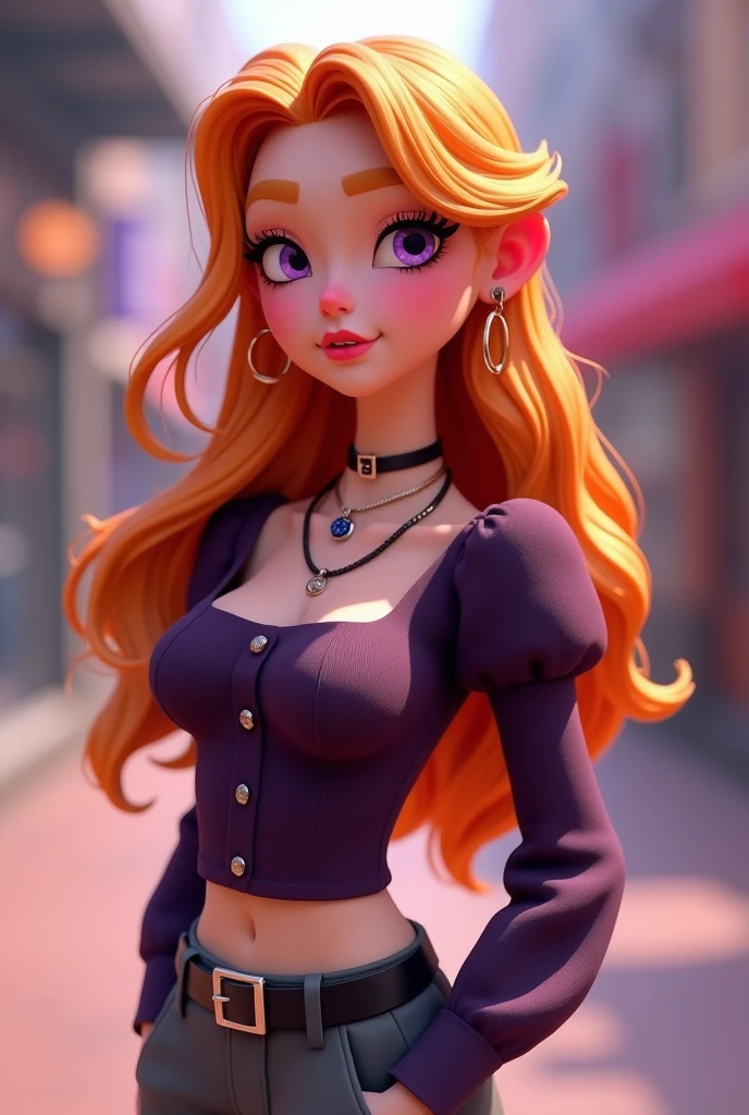 Vanessa is a very beautiful fifteen-year-old girl with snow-white skin, She has long, wavy, bright light orange hair that is usually styled half up with two strands falling down her beautiful face.,She has almond-shaped eyes, a light lilac purple color., her face is heart-shaped and she has a small nose and salmon pink lips, She wears a dark purple tight-fitting long-sleeved shirt with puffed arms and a square cut at the top of the chest but without being low-cut, in addition to wearing three necklaces., He is wearing smart grey trousers with a thin black leather belt and black ankle boots..((3D style)) ((Style Miraculous ladybug)).