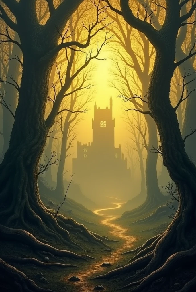 Book cover,  golden and gloomy forest background, and a castle in the distance without a woman


