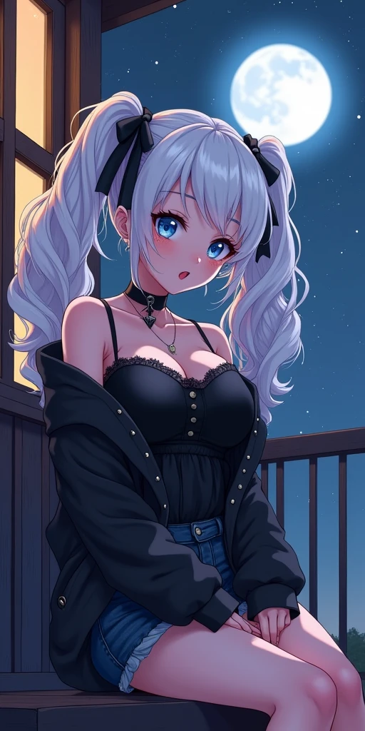 (best quality, ultra-detailed, photorealistic: 1.39), bright and vibrant colors, studio lighting, romantic expression, An effeminate girl, with a delicate and beautiful face. She is a girl who reflects seductive beauty, sparkling eyes, A Beautiful and adult woman and voluminous curly white hair, voluminous and long pigtails, hair clip, crying a seductive 2 woman with big breasts seduces, matches the makeup, with her large breasts seduces, black jacket, lace blouse, cute denim shorts, sitting, with beautiful legs, ankle boots, with her blue eyes that matches her soft smile, black gothic style, in a beautiful pose demonstrating her seduction on the on the balcony of the house, beautiful moon, starry night,, night with soft lighting, anime style, like a manwha character