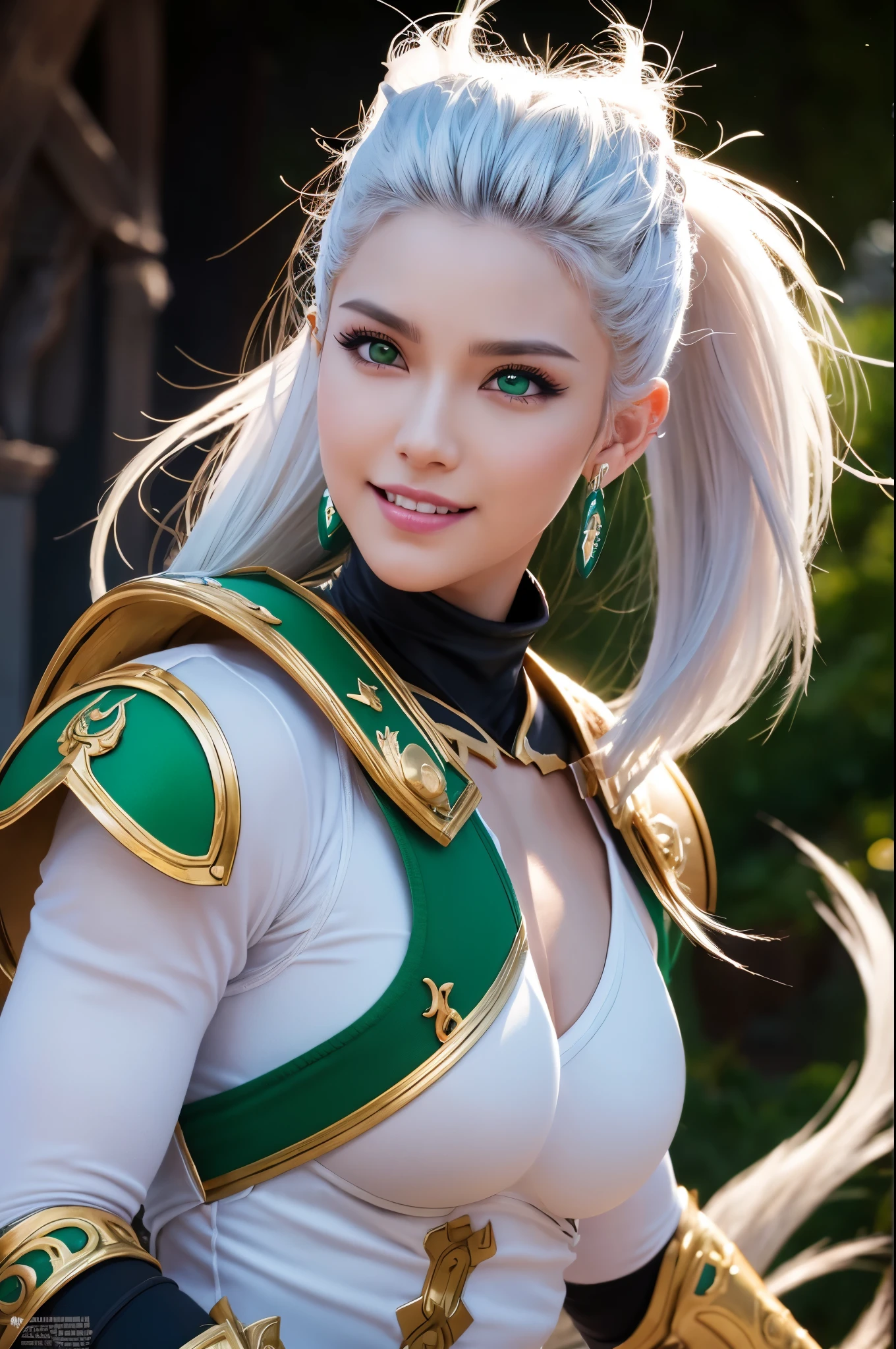 8k,Magnificent Fangs,white mohawk hair,A close-up of a girl wearing a white cat ear costume(Like the real thing) ,Muscular macho body,Gorgeous green and black armor,white mohawk hair,Lavish decoration,Green Eyes,Ultra-Realistic Skin,Fangs are visible from the mouth,Portrait of a Knight, ig model | ArtJam, Very detailed artgerm, Fan Art Best Art Station, 2. 5d cgi animation,Gorgeous Mature Paladin, Detailed digital anime art, Alexandra Fomina Art Station, ArtJam ; 3d unreal engine5,Ultra-high resolution,A kind smile,Strong,Highest quality photorealistic RAW photos。Backlight、Cinema Lighting、Film Grain、50mm lens、Nikon D850、Ultra-Realistic Skin、Fantasy art、Character Art、Ultra-high resolution、muscular and slim body、Ultra-Realistic Skin、Super Muscular Beauty,Clenching his fist and striking a dynamic pose,Showing cleavage,Super Muscular Beauty,Female bodybuilder body types,Very large breasts,Karate stance(Martial Arts),