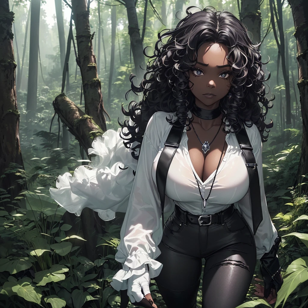 ((A single adult woman alone in the forest having black skin having curly hair, the woman's style is gothic wearing a white shirt and black jeans while wearing black boots, she wears black fingerless gloves while having a skull pendant necklace)) ((day lighting)) ((forest scenery)