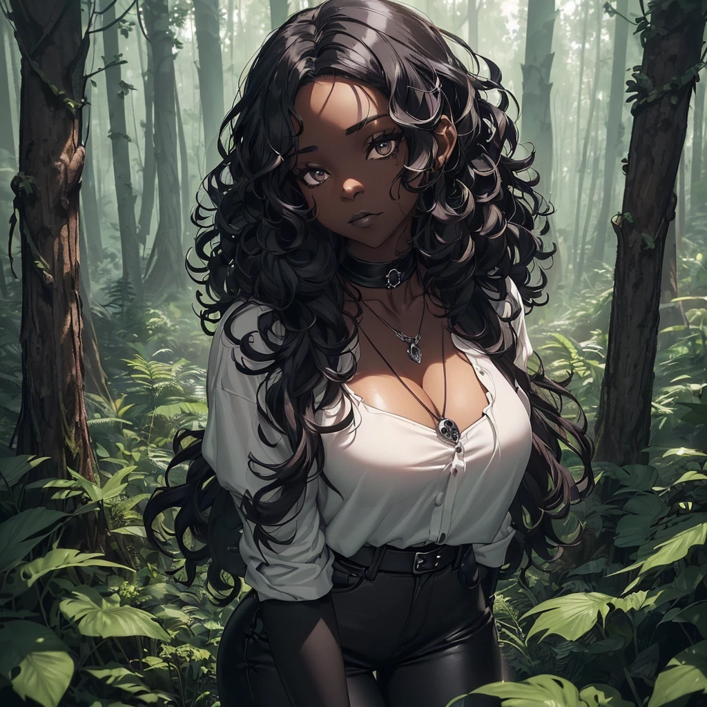 ((A single adult woman alone in the forest having black skin having curly hair, the woman's style is gothic wearing a white shirt and black jeans while wearing black boots, she wears black fingerless gloves while having a skull pendant necklace)) ((day lighting)) ((forest scenery)