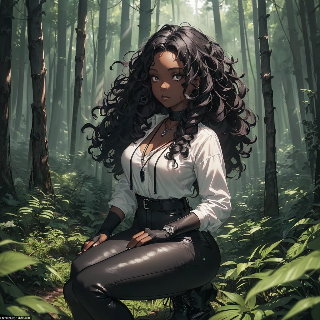 ((A single adult woman alone in the forest having black skin having curly hair, the woman's style is gothic wearing a white shirt and black jeans while wearing black boots, she wears black fingerless gloves while having a skull pendant necklace)) ((day lighting)) ((forest scenery)