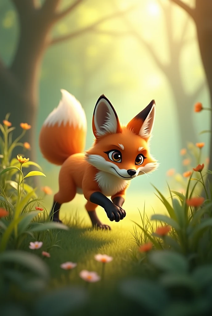 A brown fox getting ready to hunt,action run,Strong expression,Background morning forest,Cute realistic style