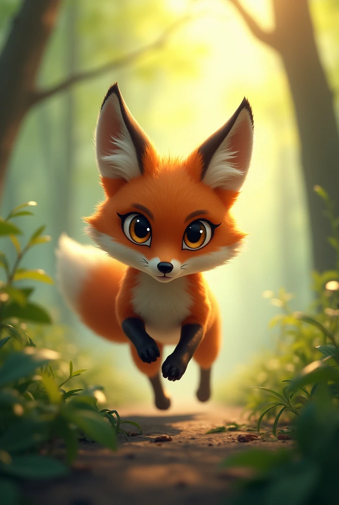 A brown fox getting ready to hunt,action run,Strong expression,Background morning forest,Cute realistic style