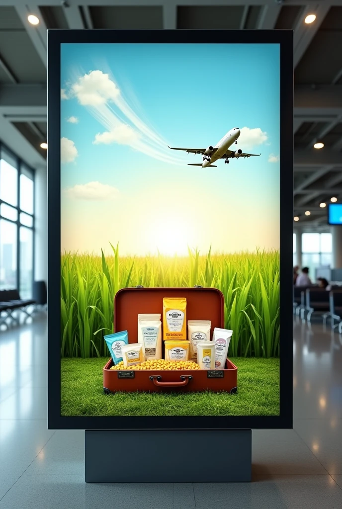 Create a background image for a billboard in an airport terminal to promote gluten-free corn flours. Create a display using an open suitcase to showcase the flours against a backdrop of a green cornfield and a plane flying overhead.