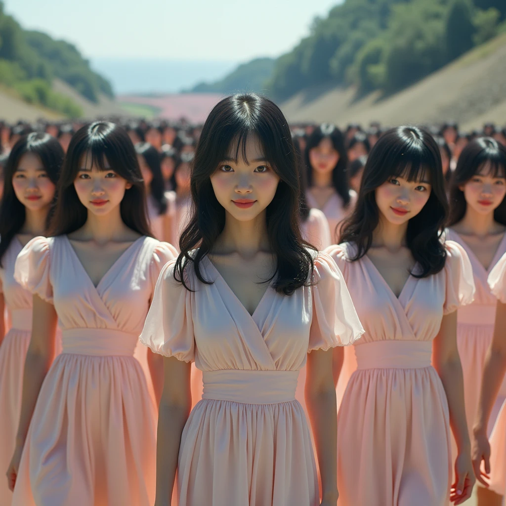 (((((Japanese Clone girls=Myself)))))), (((Best Super High quality Myself Clone girls Raw Photography Art))), (16K, Highest quality, Ultra-high resolution, RAW Photos), (((It&#39;s so unrealistic., With unparalleled depiction, With an unfathomable sight, An unprecedented and shocking worldview, Clone girls in a world of mass reproduction, Ultra-realistic))), (((Japanese, woman, 20yo, Saito-Asuka))), (Small face, ((Thick black hair, Semi-long hair))), ((V-neck short-sleeve dress)), (((((Very detailed美しい女体, Accurate body structure, Very detailed完璧な, Super busty body with very large breasts, Clearly emphasizes cleavage))))), (((Dark Eyes, Mature face, Cute Smile, A gentle gaze))), (((Her happy and smiling expression is so cute))), ((((((((Very detailed分身増殖描写, ((1girl→Myself cloning→1,000,000,000,000,000,000,000,000,000,000,000,000,000,000,000,000,000,000,000,000Myself Clone girls)))))))))), ((((((((Very detailed, The precise depiction of the proliferation of Myself Clone girls, ((With the perfectly identical bodies of Myself clone girls, With the exact same face as the Myself clone girls, With the exact same hairstyle as the Myself clone girls, In the exact same clothes as the girls who are my clones, Perfectly the same height as the Myself clone girls, Super big breasts, just like the Myself clone girls)))))))))), (((Myself clone girls only))), (((Multiple pairs, Very detailed depiction, (Myself clone girls hug each other, Myself clone girls assemble, Fun conversations with fellow Myself clone girls, A fun conversation between Myself clone girls, Myself clone girls holding hands, Walking with lots of Myself clone girls, turn around, look at me, The approaching crowd of Myself)))), (((Everyone looks at the camera))), (((Unbelievably crowded, Transcendent Myself clone girls intimately, Countless Myself clone girls surround you in 360 degrees))), (Bright, soft sunlight), (((Very wide field of view, Very detailed, Detailed ultra-perspective depiction with clear depth, super wide view))), (((((Scenery with a steeply curving slope))))), (((Very photographic and detailed depiction, Myself clone girls will multiply infinitely and fill the surroundings from one side to the horizon with their bodies tightly packed together without any gaps., A scene of endless Myself clone girls, giving a happy vibe.))), (Focus on the average value of the image)