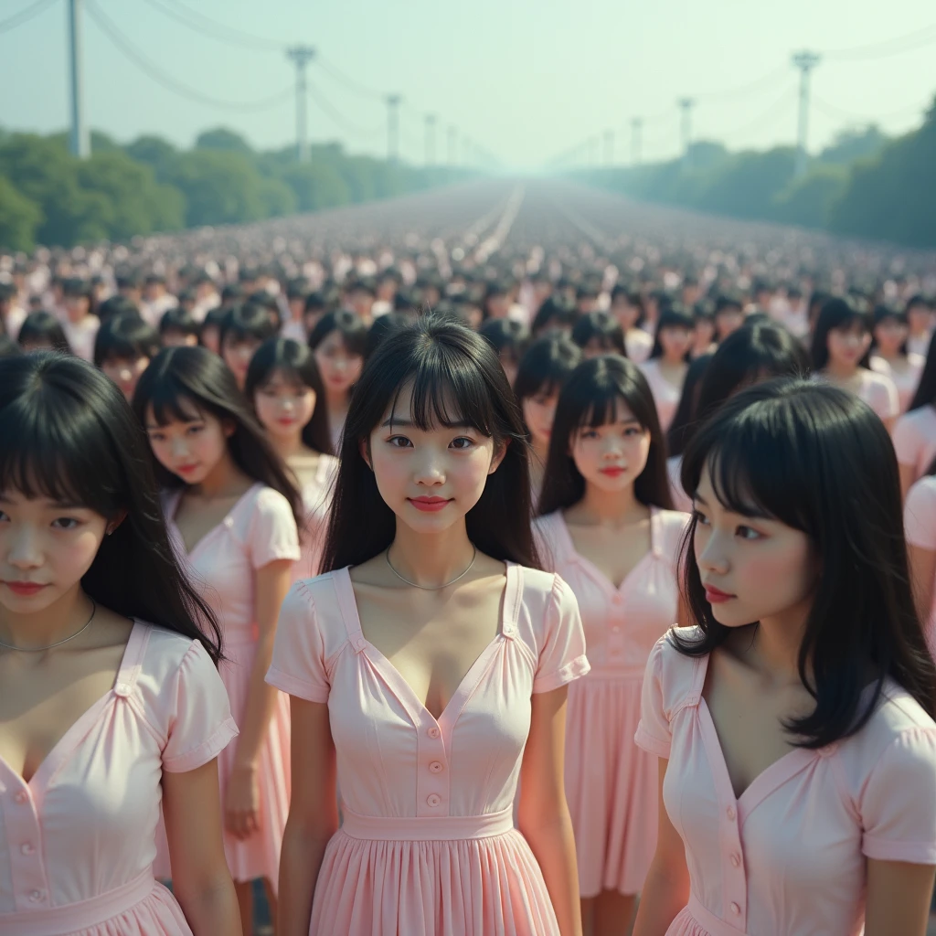 (((((Japanese Clone girls=Myself)))))), (((Best Super High quality Myself Clone girls Raw Photography Art))), (16K, Highest quality, Ultra-high resolution, RAW Photos), (((It's so unrealistic., With unparalleled depiction, With an unfathomable sight, An unprecedented and shocking worldview, Clone girls in a world of mass reproduction, Ultra-realistic))), (((Japanese, woman, 20yo, Saito-Asuka))), (Small face, ((Thick black hair, Semi-long hair))), ((V-neck short-sleeve dress)), (((((Very detailed美しい女体, Accurate body structure, Very detailed完璧な, Super busty body with very large breasts, Clearly emphasizes cleavage))))), (((Dark Eyes, Mature face, Cute Smile, A gentle gaze))), (((Her happy and smiling expression is so cute))), ((((((((Very detailed分身増殖描写, ((1girl→Myself cloning→1,000,000,000,000,000,000,000,000,000,000,000,000,000,000,000,000,000,000,000,000Myself Clone girls)))))))))), ((((((((Very detailed, The precise depiction of the proliferation of Myself Clone girls, ((With the perfectly identical bodies of Myself clone girls, With the exact same face as the Myself clone girls, With the exact same hairstyle as the Myself clone girls, In the exact same clothes as the girls who are my clones, Perfectly the same height as the Myself clone girls, Super big breasts, just like the Myself clone girls)))))))))), (((Myself clone girls only))), (((Multiple pairs, Very detailed depiction, (Myself clone girls hug each other, Myself clone girls assemble, Fun conversations with fellow Myself clone girls, A fun conversation between Myself clone girls, Myself clone girls holding hands, Walking with lots of Myself clone girls, turn around, look at me, The approaching crowd of Myself)))), (((Everyone looks at the camera))), (((Unbelievably crowded, Transcendent Myself clone girls intimately, Countless Myself clone girls surround you in 360 degrees))), (Bright, soft sunlight), (((Very wide field of view, Very detailed, Detailed ultra-perspective depiction with clear depth, super wide view))), (((((Scenery with a steeply curving slope))))), (((Very photographic and detailed depiction, Myself clone girls will multiply infinitely and fill the surroundings from one side to the horizon with their bodies tightly packed together without any gaps., A scene of endless Myself clone girls, giving a happy vibe.))), (Focus on the average value of the image)