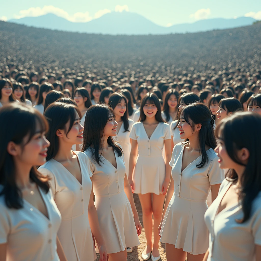 (((((Japanese Clone girls=Myself)))))), (((Best Super High quality Myself Clone girls Raw Photography Art))), (16K, Highest quality, Ultra-high resolution, RAW Photos), (((It's so unrealistic., With unparalleled depiction, With an unfathomable sight, An unprecedented and shocking worldview, Clone girls in a world of mass reproduction, Ultra-realistic))), (((Japanese, woman, 20yo, Saito-Asuka))), (Small face, ((Thick black hair, Semi-long hair))), ((V-neck short-sleeve dress)), (((((Very detailed美しい女体, Accurate body structure, Very detailed完璧な, Super busty body with very large breasts, Clearly emphasizes cleavage))))), (((Dark Eyes, Mature face, Cute Smile, A gentle gaze))), (((Her happy and smiling expression is so cute))), ((((((((Very detailed分身増殖描写, ((1girl→Myself cloning→1,000,000,000,000,000,000,000,000,000,000,000,000,000,000,000,000,000,000,000,000Myself Clone girls)))))))))), ((((((((Very detailed, The precise depiction of the proliferation of Myself Clone girls, ((With the perfectly identical bodies of Myself clone girls, With the exact same face as the Myself clone girls, With the exact same hairstyle as the Myself clone girls, In the exact same clothes as the girls who are my clones, Perfectly the same height as the Myself clone girls, Super big breasts, just like the Myself clone girls)))))))))), (((Myself clone girls only))), (((Multiple pairs, Very detailed depiction, (Myself clone girls hug each other, Myself clone girls assemble, Fun conversations with fellow Myself clone girls, A fun conversation between Myself clone girls, Myself clone girls holding hands, Walking with lots of Myself clone girls, turn around, look at me, The approaching crowd of Myself)))), (((Everyone looks at the camera))), (((Unbelievably crowded, Transcendent Myself clone girls intimately, Countless Myself clone girls surround you in 360 degrees))), (Bright, soft sunlight), (((Very wide field of view, Very detailed, Detailed ultra-perspective depiction with clear depth, super wide view))), (((((Scenery with a steeply curving slope))))), (((Very photographic and detailed depiction, Myself clone girls will multiply infinitely and fill the surroundings from one side to the horizon with their bodies tightly packed together without any gaps., A scene of endless Myself clone girls, giving a happy vibe.))), (Focus on the average value of the image)