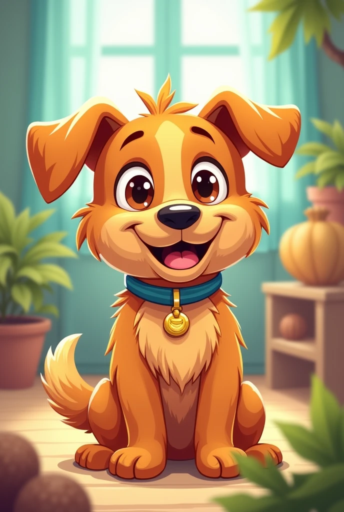 Create a cartoon design of a friendly caramel mutt dog for a book story 