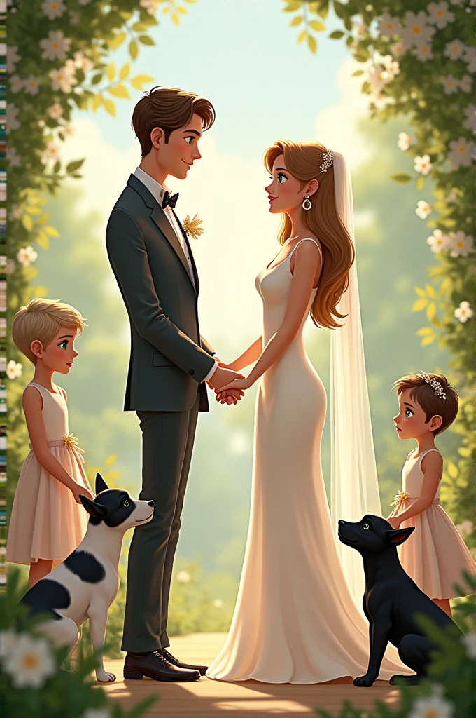 a tall, thin, brown-haired white man. marrying a woman with light brown hair, green eyes and a beautiful body, this woman is shorter than the man. 2 children come bringing rings for them. a child with green eyes and light hair and one with light hair and green eyes. holding a black and white puppy and a black female puppy 
