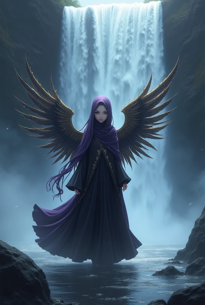  graceful anime girl with cascading hair and a dark purple hijab stands beneath a roaring waterfall, her wings sparkling with droplets of water. Her elegant black and gold ensemble flows around her, blending beautifully with the surrounding darkness. Bathed in mist, she appears as a guardian spirit, inviting tranquility and grace in the midst of nature's wild beauty.