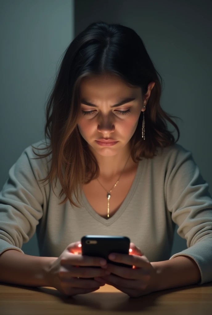 Create an image that shows a woman overwhelmed by so many love messages that arrive on her cell phone and she doesn't want to receive them because she's not interested.