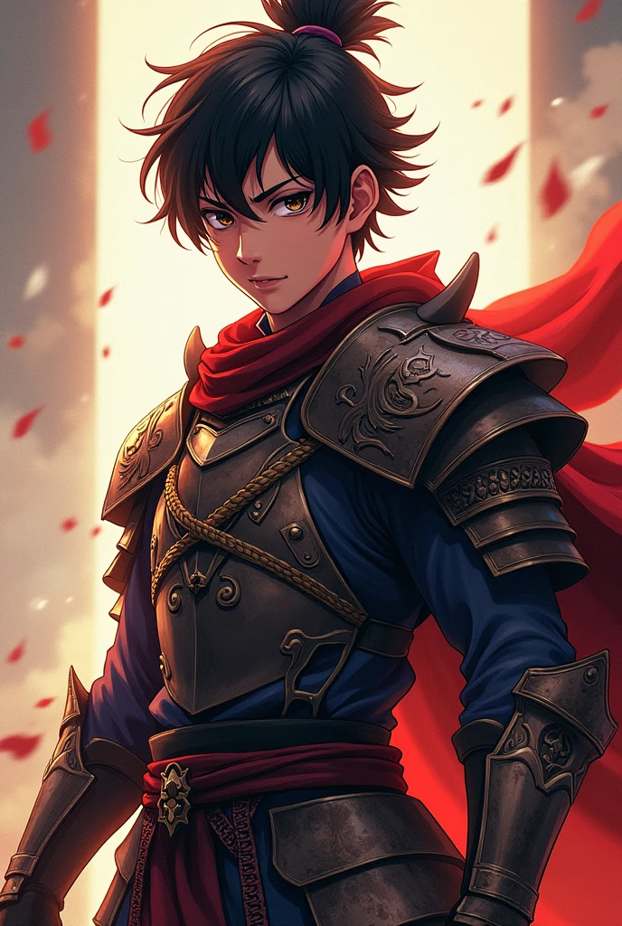 Create an image of a young, fierce warrior depicted in demon slayer anime style. The warrior should have a determined expression, with sharp, intense eyes and a strong, confident pose. Outfit the warrior in detailed, traditional armor, including a flowing cape and ornate, battle-worn details. The color palette should feature bold, vibrant colors with high contrast, and the background can include dramatic action lines or effects to emphasize the warrior's energy and strength.
