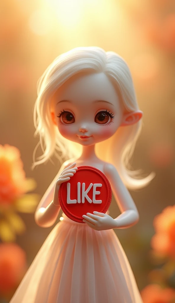We need an image of a beautiful little doll white colour who is holding a red colored coin with both her hands and has written 'like' and 'subscribe' on it with a big character and has made a 'like' sign on it. Surrounded by sunlights