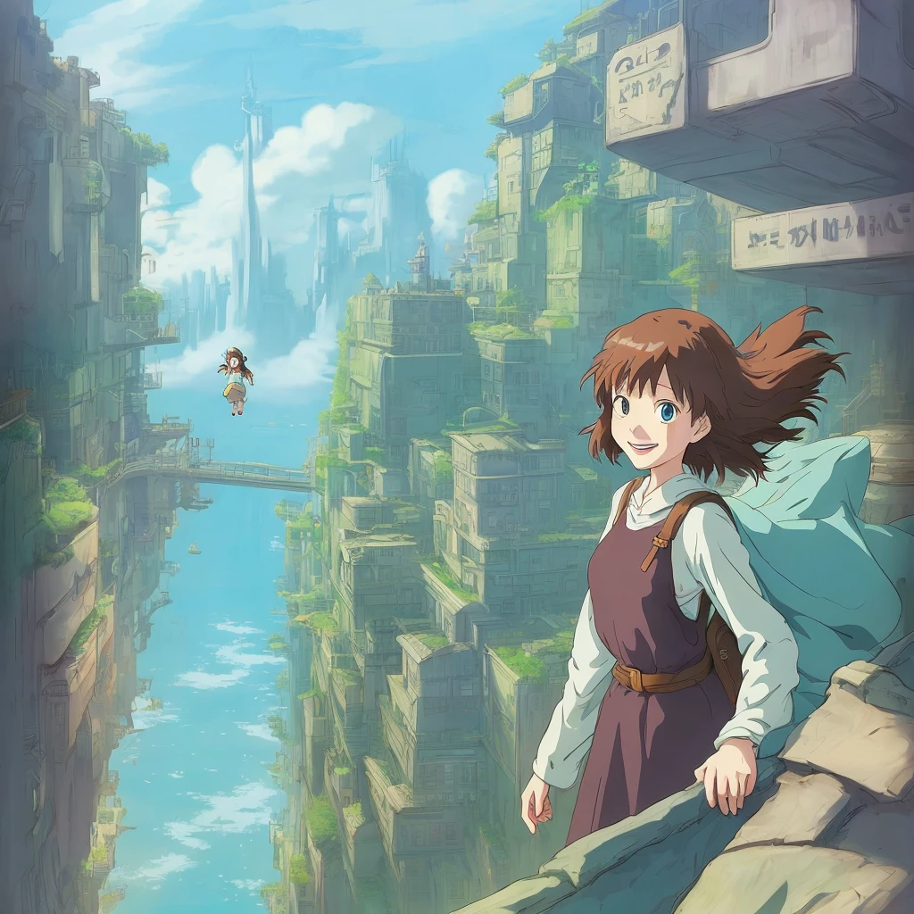 Ghibli-style anime、The girl is an adventurer、smile、The background is departure from the city、high quality、Challenge theme text、