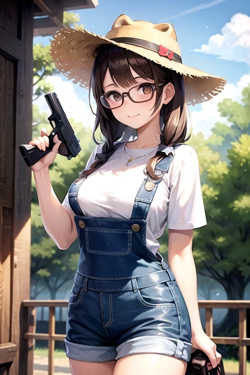 cute girl with brown hair and brown eyes. She is wearing a plaid shirt and dungarees, also wears a cowboy hat and round silver glasses while holding a pistol. She is on a site with some trees.