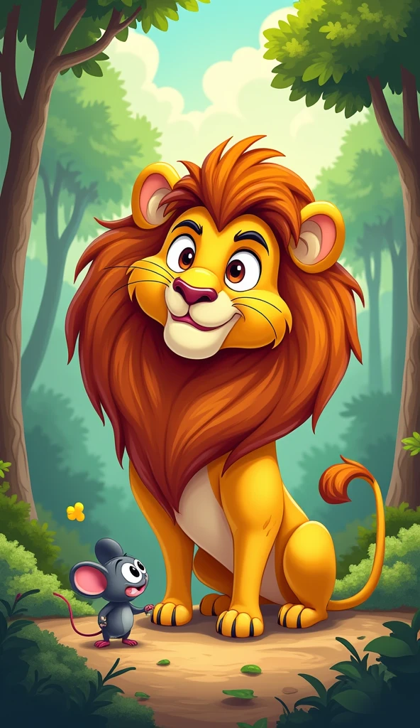 The lion laughs but eventually lets the mouse go.
Show as cartoons
