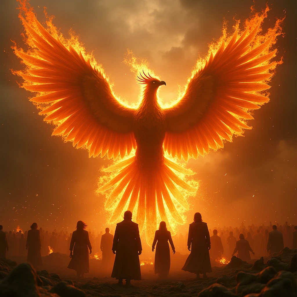 a phoenix burning people,fantasy,digital art,16k,highly detailed,ultra-realistic,intricate details,dramatic lighting,intense colors,surreal atmosphere,cinematic composition,powerful storytelling,hyper-realistic textures,volumetric smoke and fire effects,dynamic poses,intense emotion and expression,masterpiece