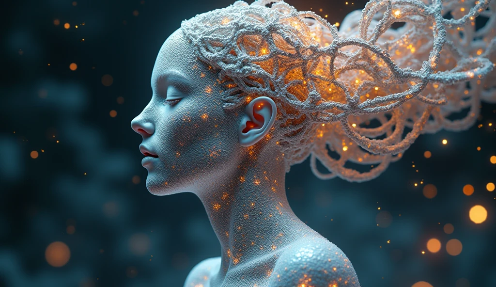 A digital artwork of a female figure composed of intricate geometric lattice structures, molecular formations, and crystalline interference patterns. The artwork is a blend of 3D render, painting, and conceptual art. The feminine figure's silhouette is a complex amalgamation of various crystallographies, including diamond lattices, DNA double helix spiral motifs, and quasicrystal fractal ornaments. Her "molecular skin" reveals minute details of Van der Waals forces, covalent bonds, and atomic extensions of different elements, with areas transforming and metamorphosing continuously. The entire realm is infused with a dynamic force field of Miller indices, Bragg planes, and scattering vectors.