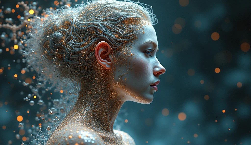 A digital artwork of a female figure composed of intricate geometric lattice structures, molecular formations, and crystalline interference patterns. The artwork is a blend of 3D render, painting, and conceptual art. The feminine figure's silhouette is a complex amalgamation of various crystallographies, including diamond lattices, DNA double helix spiral motifs, and quasicrystal fractal ornaments. Her "molecular skin" reveals minute details of Van der Waals forces, covalent bonds, and atomic extensions of different elements, with areas transforming and metamorphosing continuously. The entire realm is infused with a dynamic force field of Miller indices, Bragg planes, and scattering vectors.
