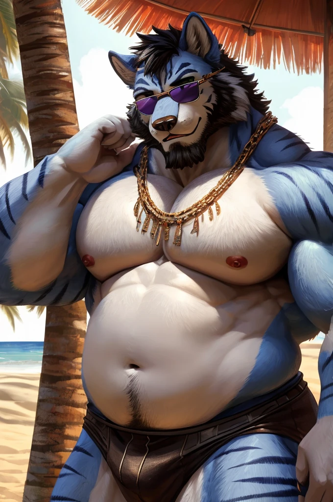 ((best quality)), ((masterpiece)), (Ultra detailed), ((4k)).
Anthro Wolf , Light Blue Fur , black Short Hair , Black Beard , Tiger Stripe Fur , Handsone , Good Looking , Green Eyes ,(Eyes Details), Middle Ages , Huge Pecs , Bodybuilder , fat chubby , cute pose , sunglasses , Beach , neckless