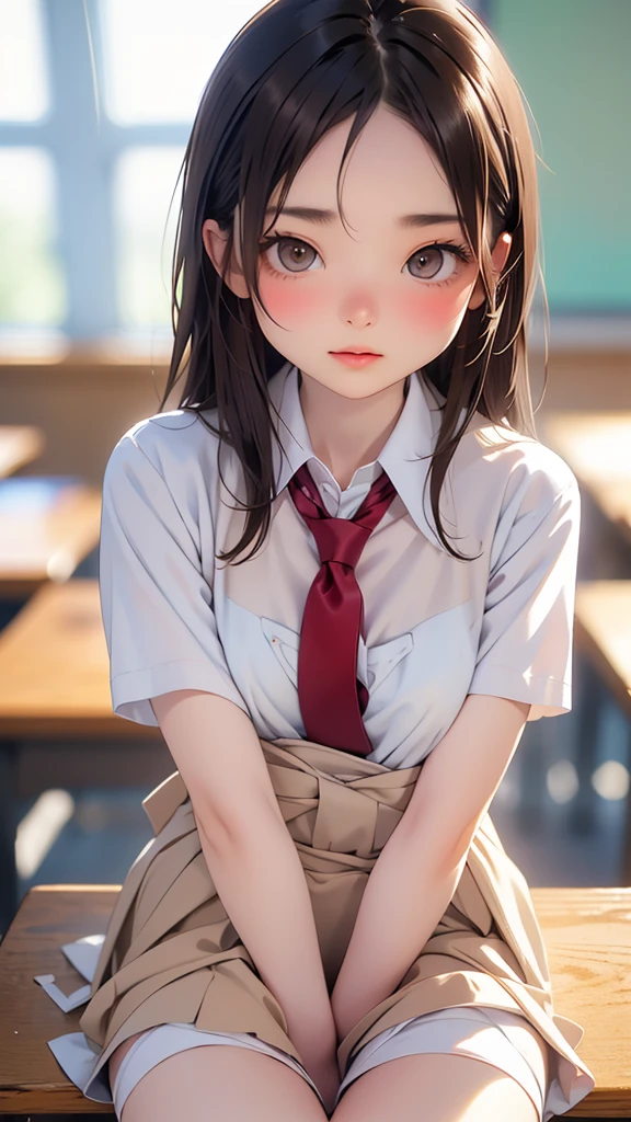 (Tabletop, Highest quality:1.2), 8k,LD, 85mm, Official Art, RAW Photos, Absurd, White dress shirt, Cute Face, close, Shooting from knee to overhead, beautiful girl,(Light brown eyes:1.3) , (Navy Pleated Skirt:1.1), ((Plump breasts)),((Squeeze the waist:1.5)), Thighs, Short sleeve, classroom,(Brown Hair:1.3), Long Hair、(Putting out your forehead),Sit on a desk,Gaze at the photographer, (light makeup), (smile:0.4), Film Grain, chromatic aberration, Sharp focus, Face Light, Bright lighting, , Detailed face, Background Blur, (Dark red tie:1.1)、日本の学校のclassroom、classroom,