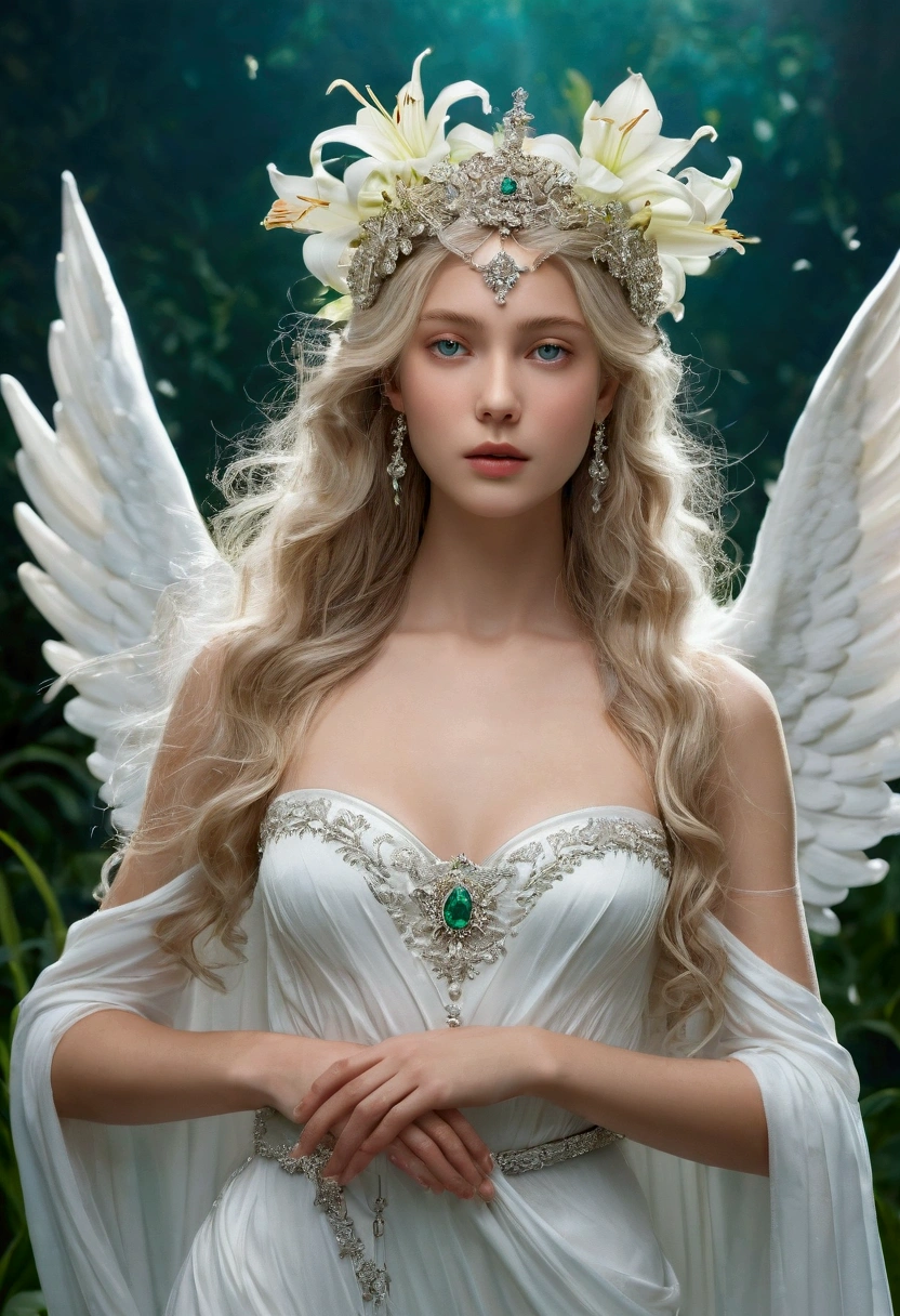 A majestic goddess of pure virginity, standing tall atop a lush, ethereal cloud, surrounded by a soft, golden halo that emanates warmth and purity. She is draped in a flowing, diaphanous gown of the whitest silk, which billows gently in an unseen celestial breeze, revealing hints of her flawless, sculpted form beneath. Her skin is the embodiment of alabaster, untouched by the hands of time or desire, and her eyes are pools of crystalline blue, brimming with innocence and wisdom. In her right hand, she holds a bouquet of snow-white lilies, their petals unblemished, symbolizing her chastity and virtue. Her left hand is outstretched, offering a single lily to the heavens, a silent testament to her dedication to purity. Around her wrist, a delicate band of silver encrusted with gleaming diamonds acts as a chastity belt, a physical manifestation of her spiritual commitment. Above her, a band of cherubs hover playfully, casting showers of rose petals, while a pure-white unicorn grazes peacefully on a bed of emerald grass. The backdrop is a serene landscape of cloud-kissed mountains and a pristine blue sky, unmarred by any signs of mortal existence. The scene exudes an aura of sanctity and tranquility, inviting the viewer to bask in the timeless beauty of unblemished innocence.