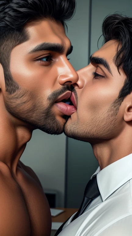 Pehlwan man Indian Gurjar gay couple wetty mouth to mouth tounge to tounge kissing and sucking lower lip, bitting lower lip during kissing saliva dripping from mouth with big shinning eyes big lips wide jawline beautiful hunk face spiky black hairstyle, seductive kissing in office