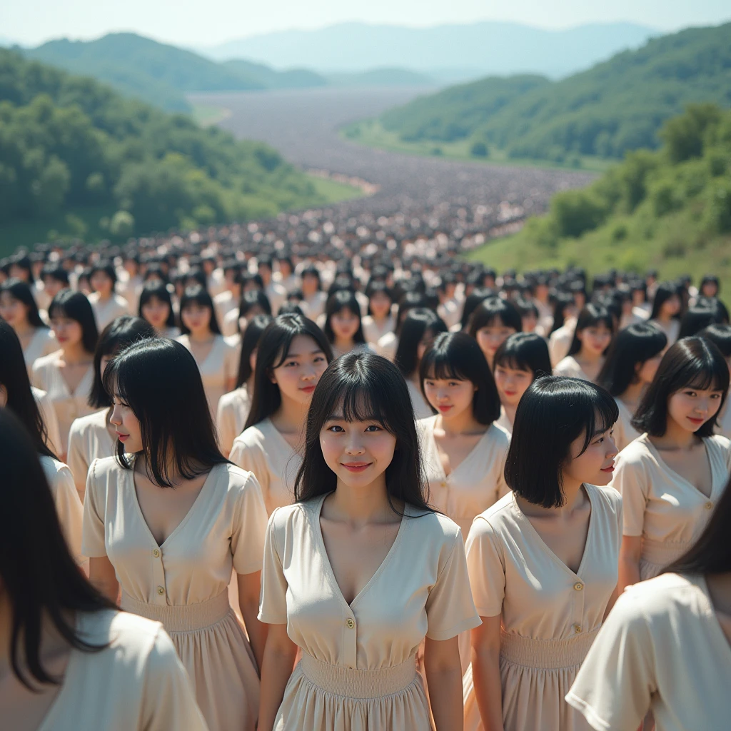 (((((Japanese Clone girls=Myself)))))), (((Best Super High quality Myself Clone girls Raw Photography Art))), (16K, Highest quality, Ultra-high resolution, RAW Photos), (((It's so unrealistic., With unparalleled depiction, With an unfathomable sight, An unprecedented and shocking worldview, Clone girls in a world of mass reproduction, Ultra-realistic))), (((Japanese, woman, 20yo, Saito-Asuka))), (Small face, ((Thick black hair, Semi-long hair))), ((V-neck short-sleeve dress)), (((((Very detailed美しい女体, Accurate body structure, Very detailed完璧な, Super busty body with very large breasts, Clearly emphasizes cleavage))))), (((Dark Eyes, Mature face, Cute Smile, A gentle gaze))), (((Her happy and smiling expression is so cute))), ((((((((Very detailed分身増殖描写, ((1girl→Myself cloning→1,000,000,000,000,000,000,000,000,000,000,000,000,000,000,000,000,000,000,000,000Myself Clone girls)))))))))), ((((((((Very detailed, The precise depiction of the proliferation of Myself Clone girls, ((With the perfectly identical bodies of Myself clone girls, With the exact same face as the Myself clone girls, With the exact same hairstyle as the Myself clone girls, In the exact same clothes as the girls who are my clones, Perfectly the same height as the Myself clone girls, Super big breasts, just like the Myself clone girls)))))))))), (((Myself clone girls only))), (((Multiple pairs, Very detailed depiction, (Myself clone girls hug each other, Myself clone girls assemble, Fun conversations with fellow Myself clone girls, A fun conversation between Myself clone girls, Myself clone girls holding hands, Walking with lots of Myself clone girls, turn around, look at me, The approaching crowd of Myself)))), (((Everyone looks at the camera))), (((Unbelievably crowded, Transcendent Myself clone girls intimately, Countless Myself clone girls surround you in 360 degrees))), (Bright, soft sunlight), (((Very wide field of view, Very detailed, Detailed ultra-perspective depiction with clear depth, super wide view))), (((((Scenery with a steeply curving slope))))), (((Very photographic and detailed depiction, Myself clone girls will multiply infinitely and fill the surroundings from one side to the horizon with their bodies tightly packed together without any gaps., A scene of endless Myself clone girls, giving a happy vibe.))), (Focus on the average value of the image)